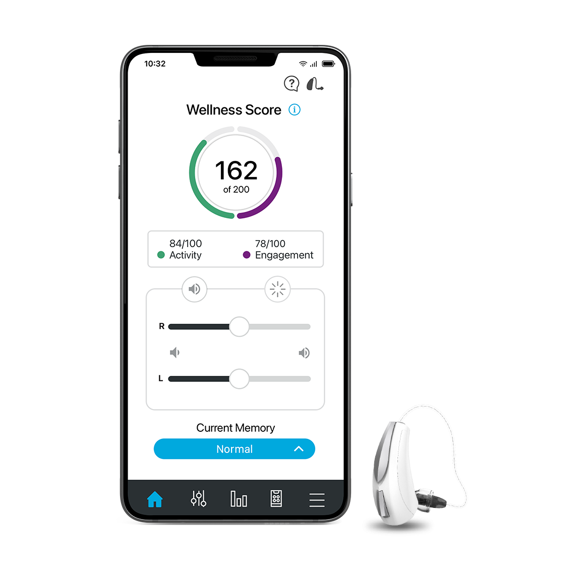 Thrive Hearing Control app screen with RIC hearing aid